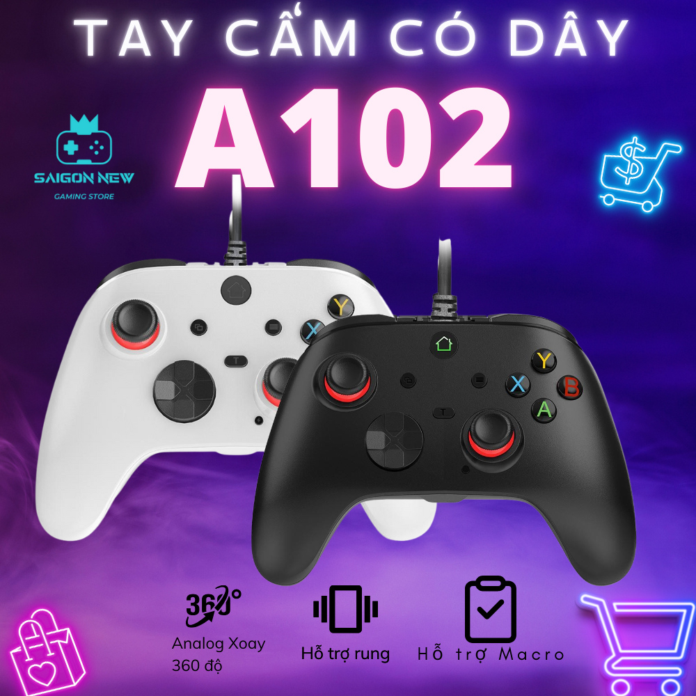 Tay cầm chơi game có dây A102 - Phiên bản 2025 hỗ trợ rung - Analog xoay 360 độ - Công nghệ Hall eff