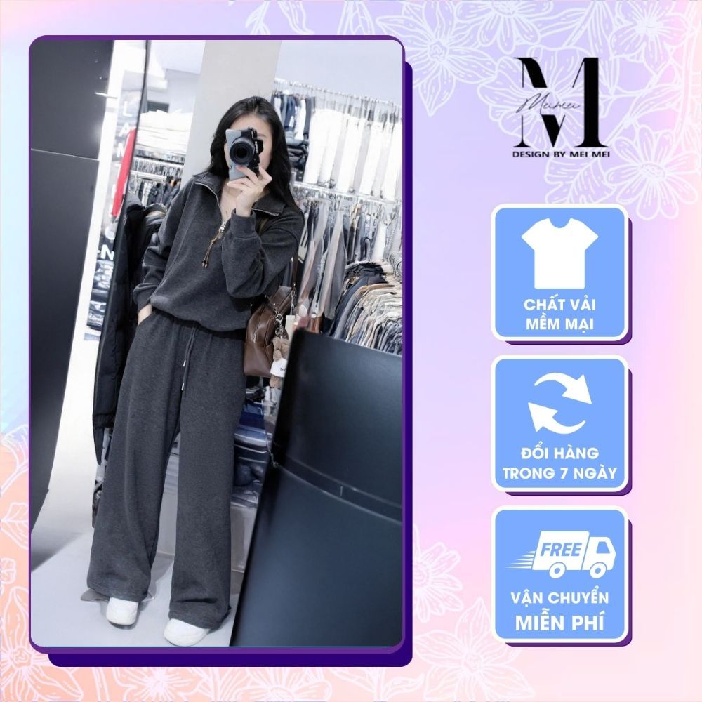 Set Đồ Nữ MeiMei Áo Dài Tay Cổ Zip Mix Quần Ống Rộng Basic Đồ Bộ Thu Đông Cá Tính ST23663