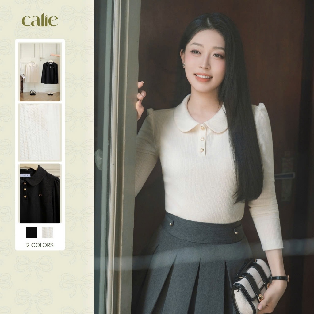 (HNLV) Áo cổ sen mở trụ tag cài, chất liệu mềm mướt mix cùng quần jean, chân váy thời trang nữ Calie