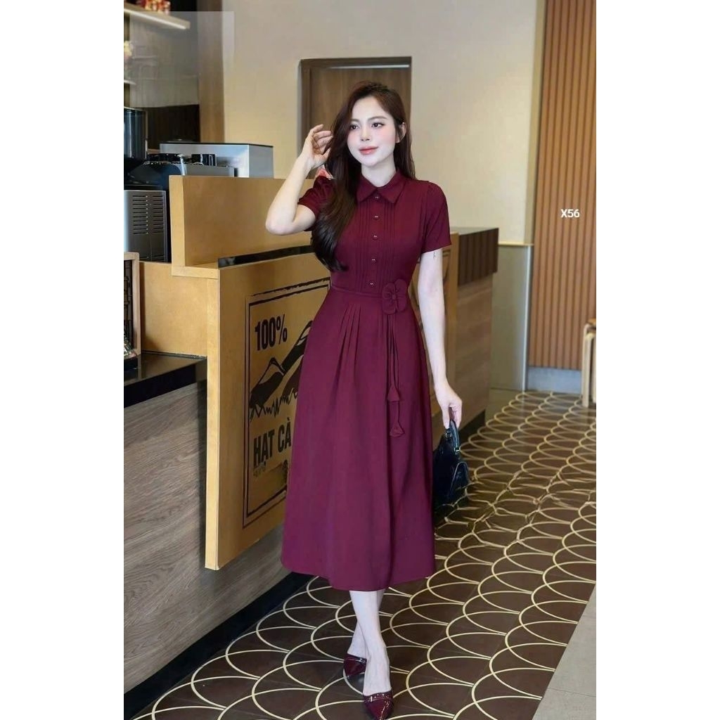 Đầm cotton hàn xếp ly dài xoè chuẩn hình kèm thắt lưng bông rời X56