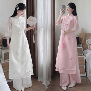  Sét áo dài cách tân nữ tơ thêu cườm cổ tay lỡ mix quần dài tuyết mưa sang trọng thanh lịch cho nàng diện đi chơi lễ tết 