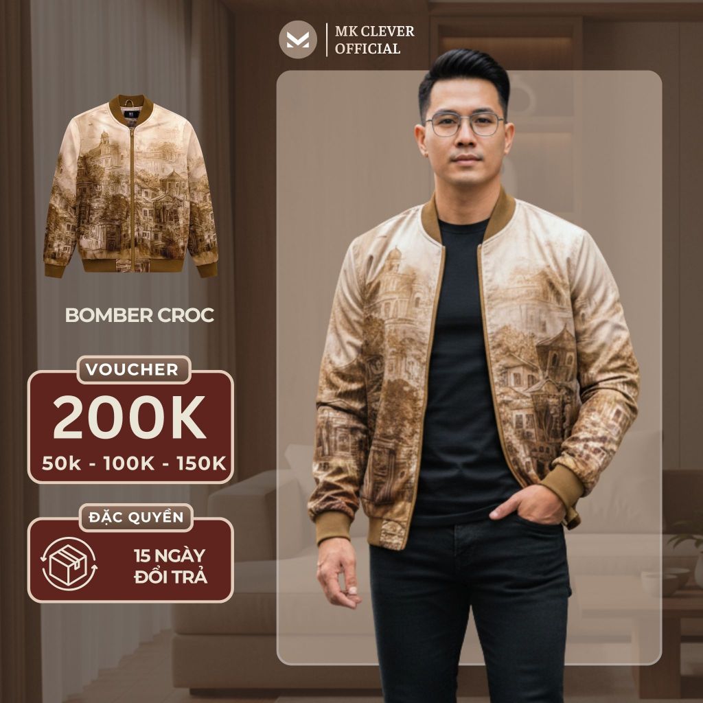 Áo khoác nam bomber Croc MK CLEVER chất liệu vải gió trần bông dày dặn, giữ ấm tốt, trẻ trung