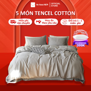  Bộ Ga Giường 5 Món HỆ THỐNG NỆM Set Vỏ Chăn Drap Gối Đệm 5 Món Lụa Tencel 40s Pha Cotton Trải Giường Mùa Thu Cao Cấp 