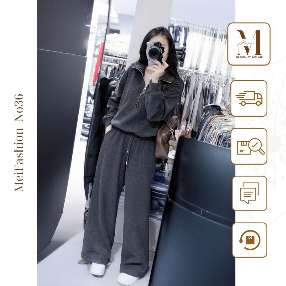 Set Đồ Nữ MeiMei Áo Dài Tay Cổ Zip Mix Quần Ống Rộng Basic Đồ Bộ Thu Đông Cá Tính ST23663 Ver4