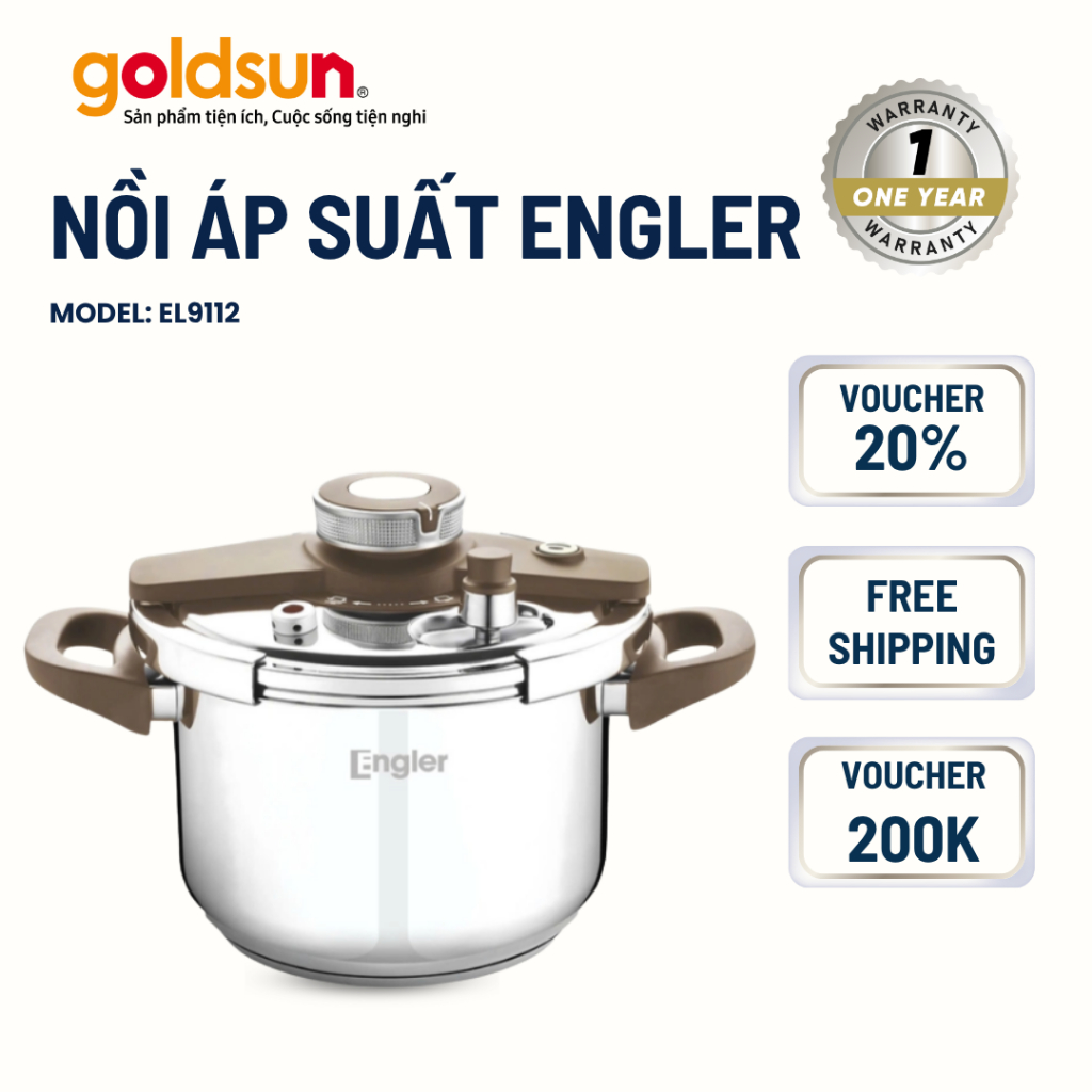 Nồi Áp Suất Inox Engler EL9112 6L Chất Liệu Inox 304, An Toàn, Dùng Mọi Loại Bếp