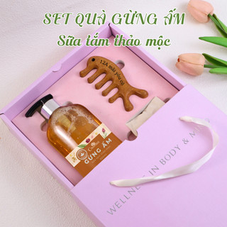  Set quà sữa tắm thảo mộc Gừng Ấm OnaTree kèm lược gỗ đàn hương & túi vải đựng – quà tặng thư giãn thiên nhiên 