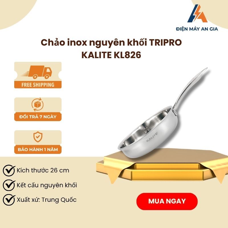 Chảo inox nguyên khối Tripro Kalite KL826 - Đường kính 26cm, Dùng tốt cho mọi loại bếp