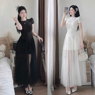  Đầm váy nữ chất ren phối lưới tay phồng cổ tròn có mút from dáng dài tiểu thư sang chảnh cho nàng diện đi tiệc hẹn hò 