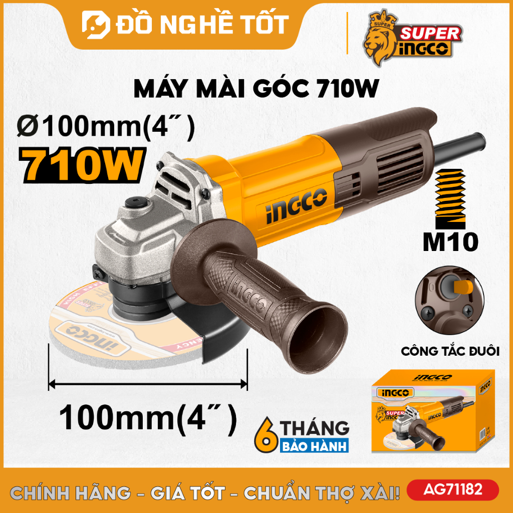 Máy mài góc, máy cắt cầm tay, công tắt đuôi, cốt M10, đĩa cắt 100mm INGCO 710W AG71182 | 750W AG7502