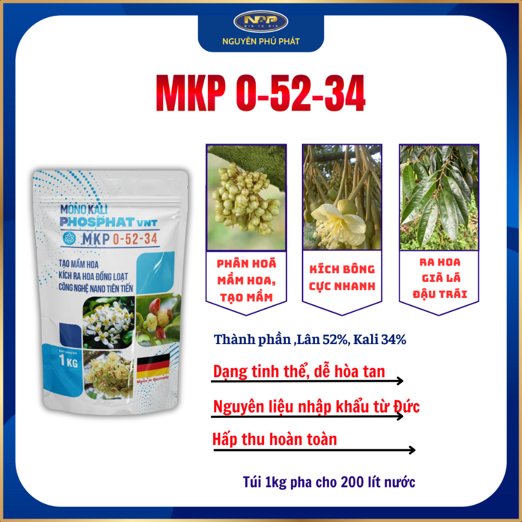 Phân bón lá Cao Cấp MKP 0-52-34 Đức - gói 1kg