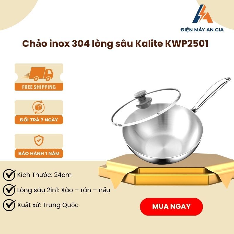 CHẢO INOX 304 LÒNG SÂU KALITE KWP2501 – CHỐNG DÍNH TỰ THÂN – XÀO RÁN ĐA NĂNG SIZE 24CM