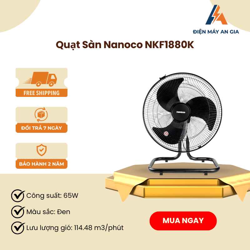 Quạt Sàn Nanoco NKF1880K – Công Suất 65W, 3 Cấp Độ Gió, Thiết Kế Chắc Chắn & Bền Bỉ – PEB