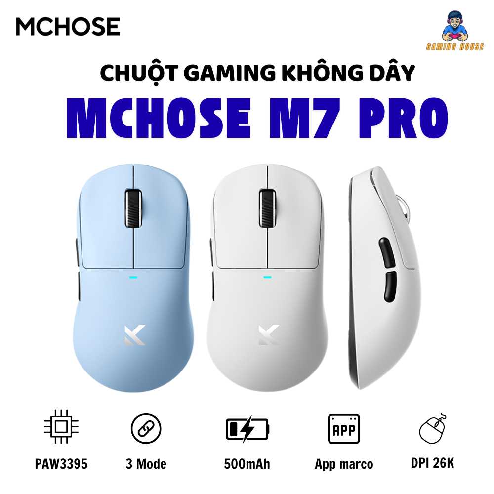 Chuột không dây MCHOSE M7 PRO - 3 mode kết nối - Paw3395 - DPD 26000 - Pin 500mAh - APP tùy chỉnh
