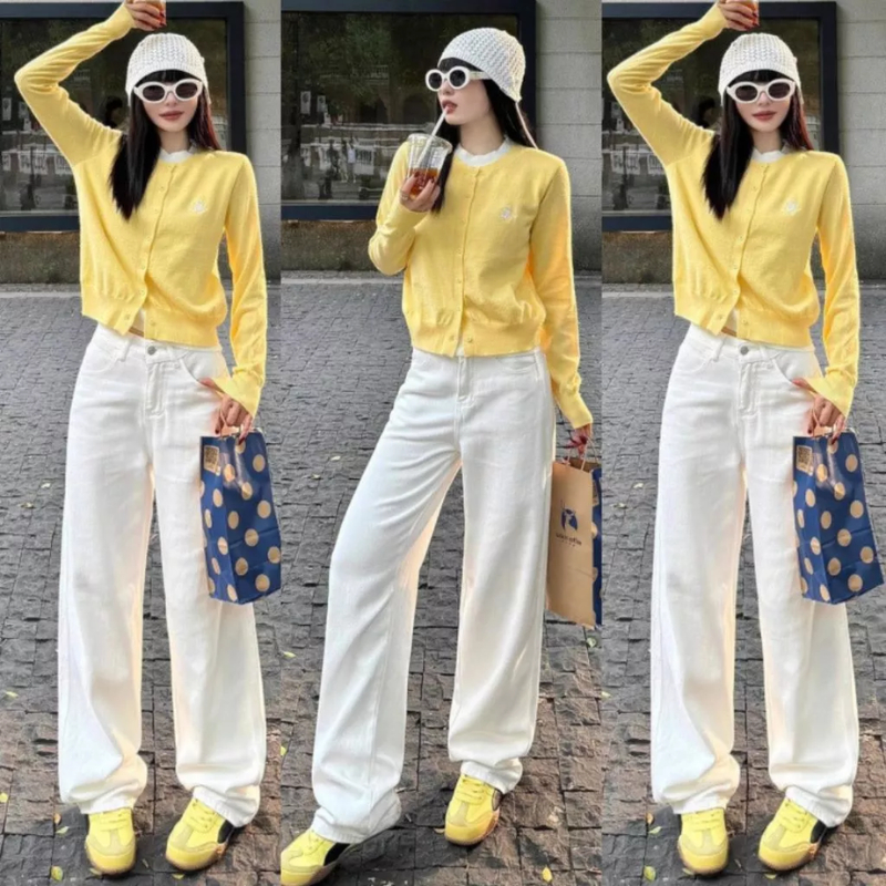 Quần Kaki Nữ trơn Cạp Cao Jean Trắng ống rộng dáng suông đứng MIAA chất Kaki Bò Dáng dài Lưng Cao