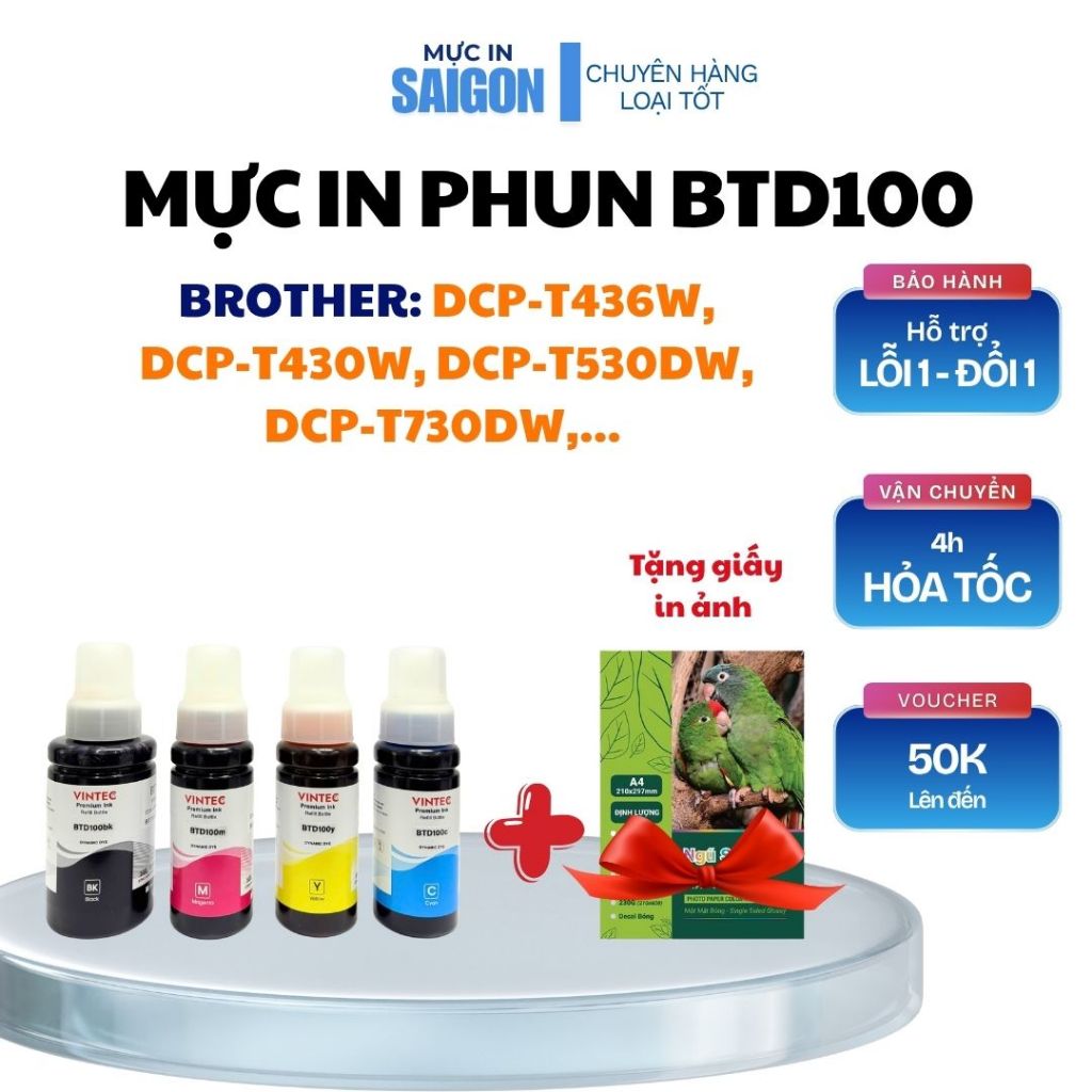 Mực in phun dành cho máy in Brother DCP-T430W, DCP-T530DW, DCP-T230, DCP-T730DW, MFC-T930DW [BTD100b