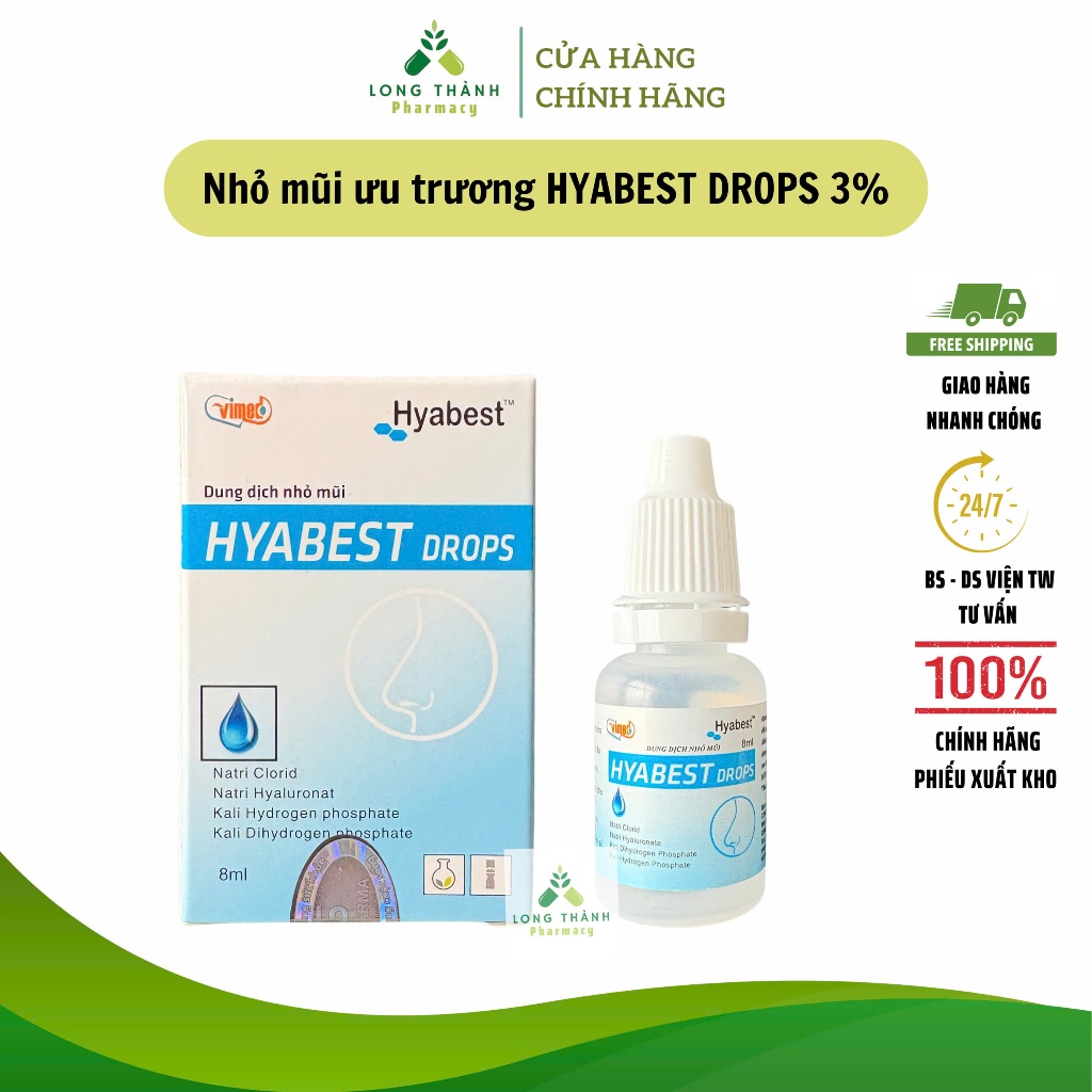 Nhỏ mũi ưu trương HYABEST DROPS 3% - Giảm nghẹt mũi, sổ mũi, làm loãng dịch mũi cho bé (Lọ 8ml)