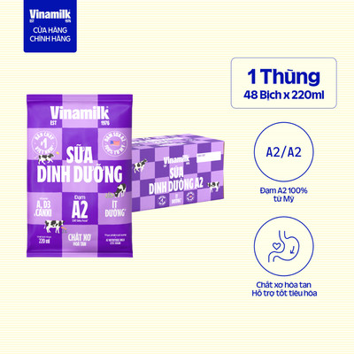Thùng 48 Bịch Sữa Dinh Dưỡng A2 ít đường 220ml