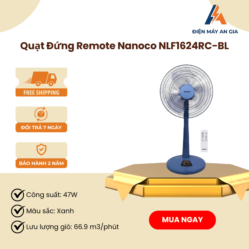 Quạt Lửng Nanoco NLF1624RC-BL – Công Suất 47W, 3 Chế Độ Gió, Điều Khiển Từ Xa Tiện Lợi – PEB