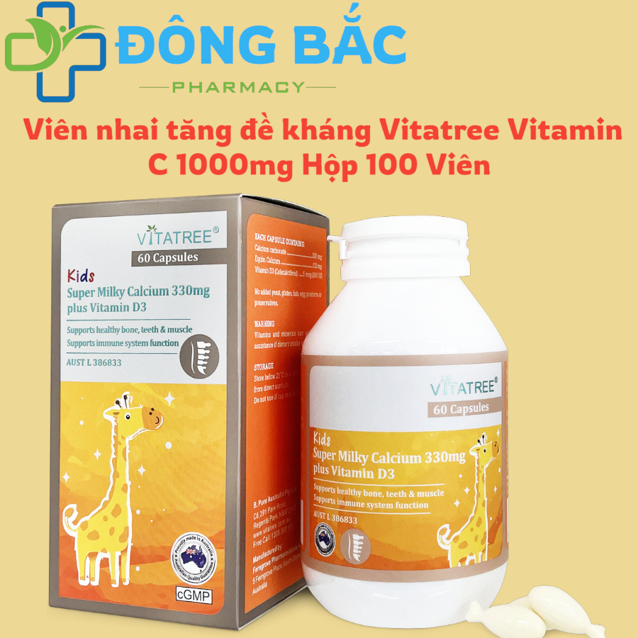 (Nhập khẩu Úc đủ tem phụ) - Viên nhai canxi sữa D3 Vitatree cho trẻ từ 1 tuổi.