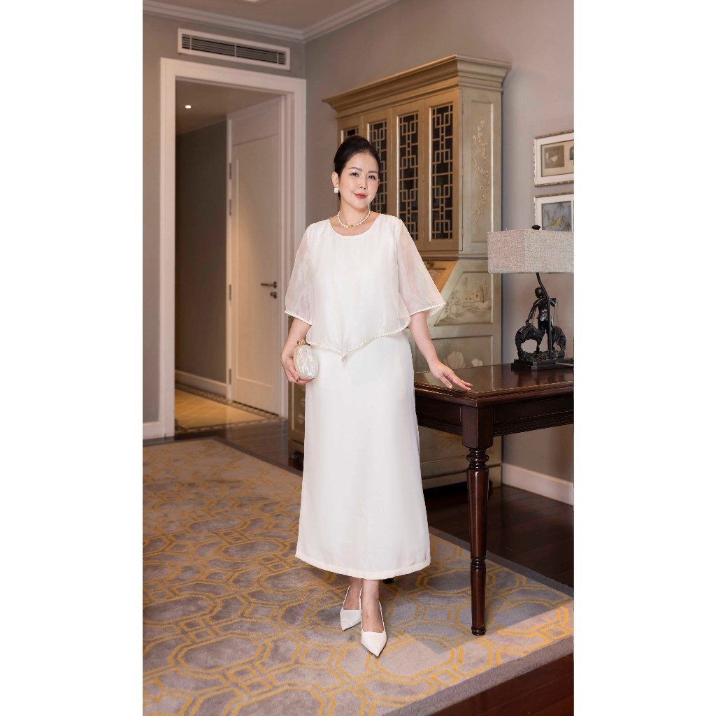 M COLLECTION | Váy Đầm Nữ Trung Niên Tặng Mẹ Phom Suông Cổ Tròn Lụa Dày Phối Choàng Tơ Hàn D13099 | BigBuy360 - bigbuy360.vn