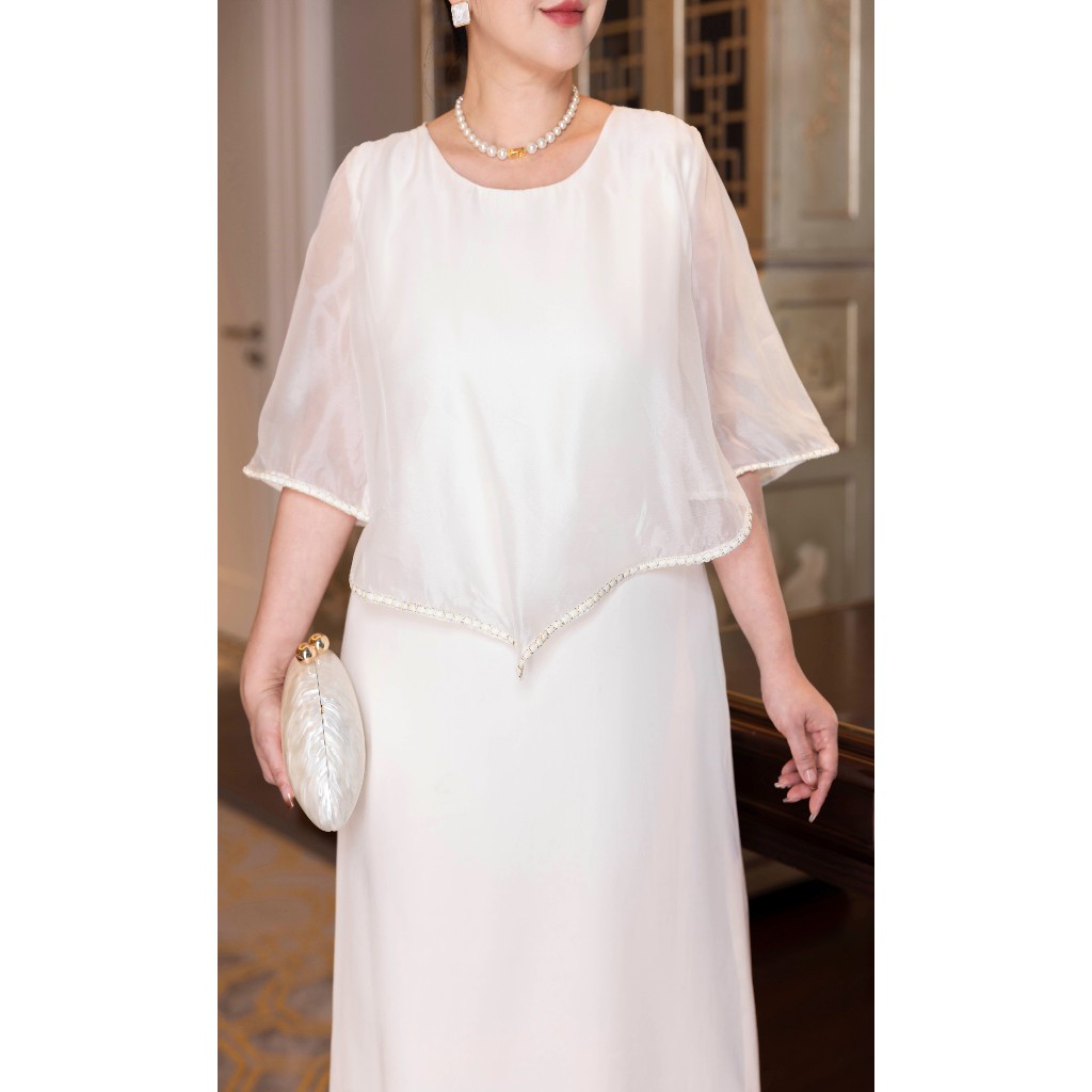 M COLLECTION | Váy Đầm Nữ Trung Niên Tặng Mẹ Phom Suông Cổ Tròn Lụa Dày Phối Choàng Tơ Hàn D13099 | BigBuy360 - bigbuy360.vn