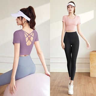  Bộ quần áo tập gym yoga aerobic  áo croptop ngắn tay có mút đệm và quần dài ôm body tôn dáng 