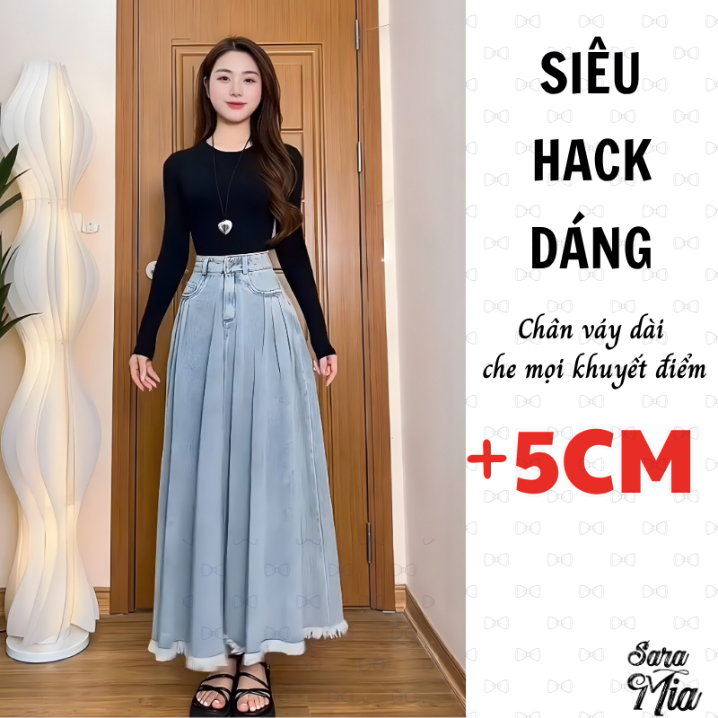 Chân váy jean dài SARAMIA, chân váy dài váy bò chữ A cạp cao xếp ly nhẹ tua gấu V17 | BigBuy360 - bigbuy360.vn