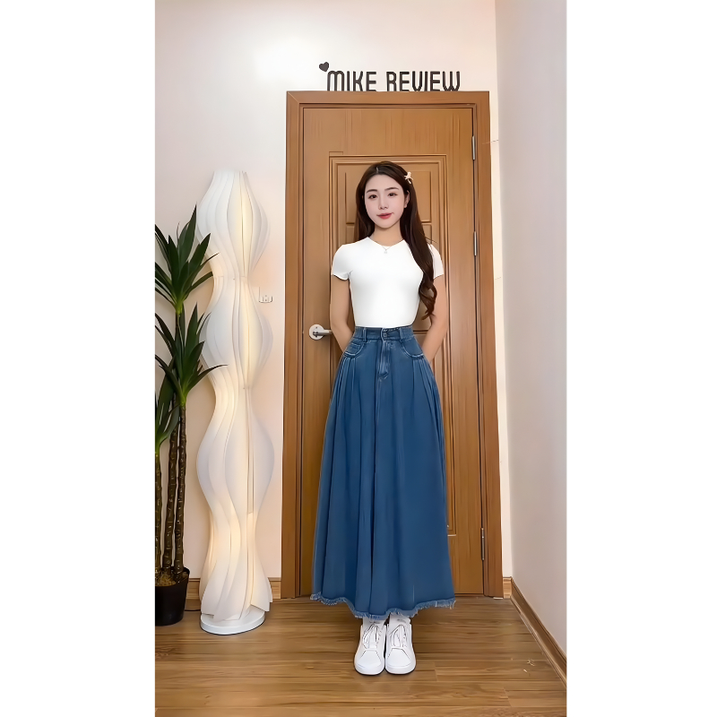 Chân váy jean dài SARAMIA, chân váy dài váy bò chữ A cạp cao xếp ly nhẹ tua gấu V17 | BigBuy360 - bigbuy360.vn