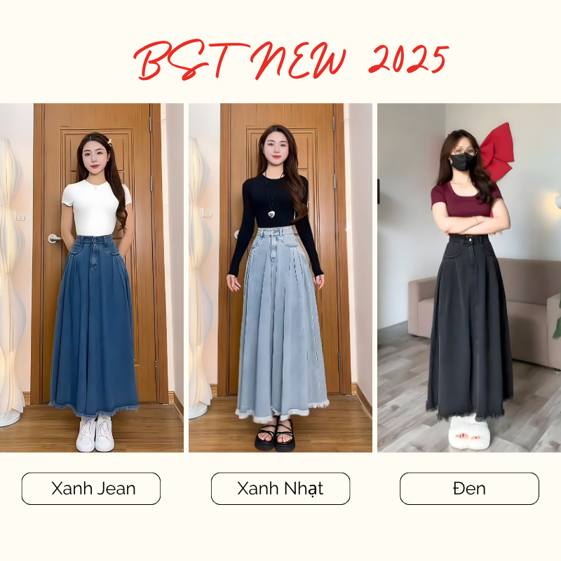 Chân váy jean dài SARAMIA, chân váy dài váy bò chữ A cạp cao xếp ly nhẹ tua gấu V17 | BigBuy360 - bigbuy360.vn