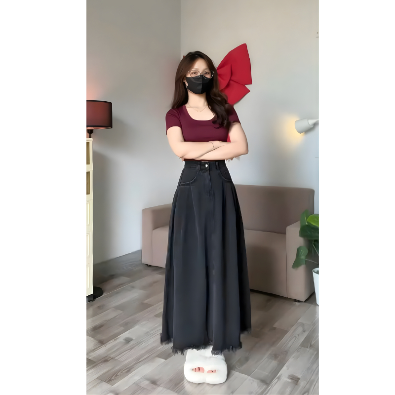 Chân váy jean dài SARAMIA, chân váy dài váy bò chữ A cạp cao xếp ly nhẹ tua gấu V17 | BigBuy360 - bigbuy360.vn