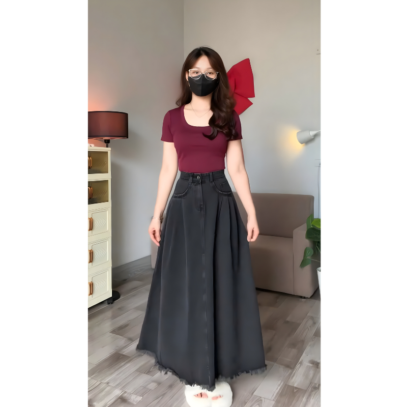 Chân váy jean dài SARAMIA, chân váy dài váy bò chữ A cạp cao xếp ly nhẹ tua gấu V17 | BigBuy360 - bigbuy360.vn