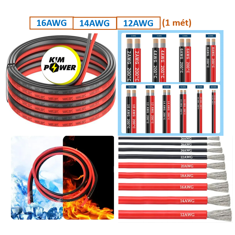 Dây điện AWG chịu nhiệt - vỏ Silicon 16AWG-14AWG-12AWG đỏ-đen (1 mét)