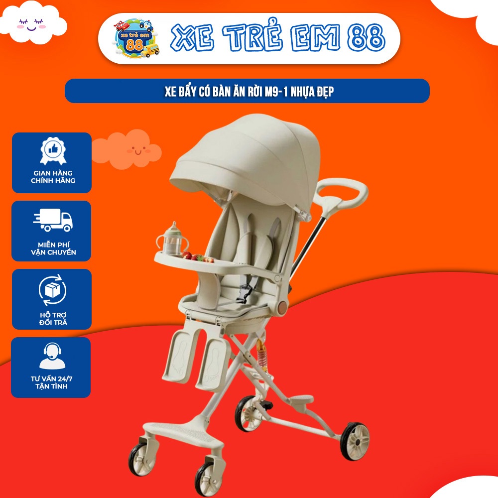 Xe đẩy cho bé M9, xoay chiều, 3 tư thế ngả sâu có giảm sóc, tặng kèm bàn ăn dặm. Có thể gập gọn. Mã 