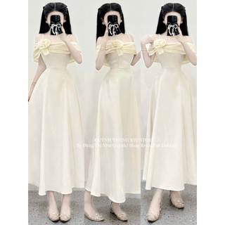 Váy Thiết Kế Trễ Vai Nụ Hoa Dự Tiệc Chất Taffa Phối Tơ Size S M L XL AĐ BOUTIQUE