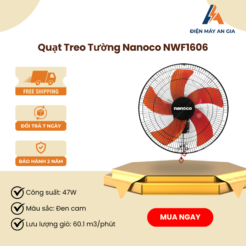 Quạt Treo Tường Nanoco NWF1606 – Công Suất 47W, Màu Đen Cam, 3 Cấp Độ Gió, Điều Khiển Giật Dây – PEB