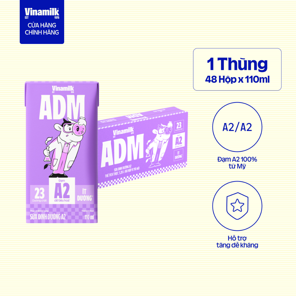 Thùng 48 Hộp Sữa Dinh Dưỡng  A2 ít đường VNM ADM 110ml