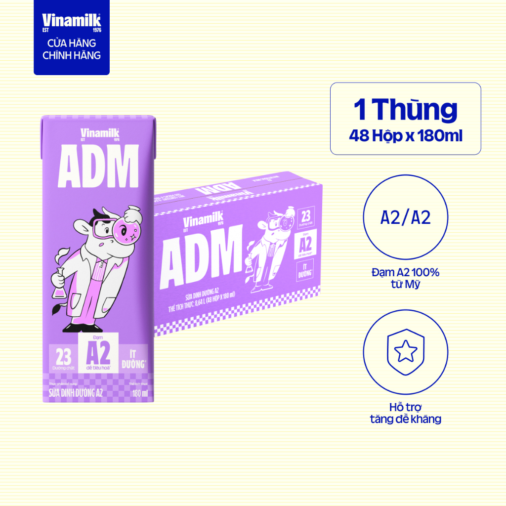 Thùng 48 Hộp Sữa Dinh Dưỡng A2 ít đường VNM ADM 180ml