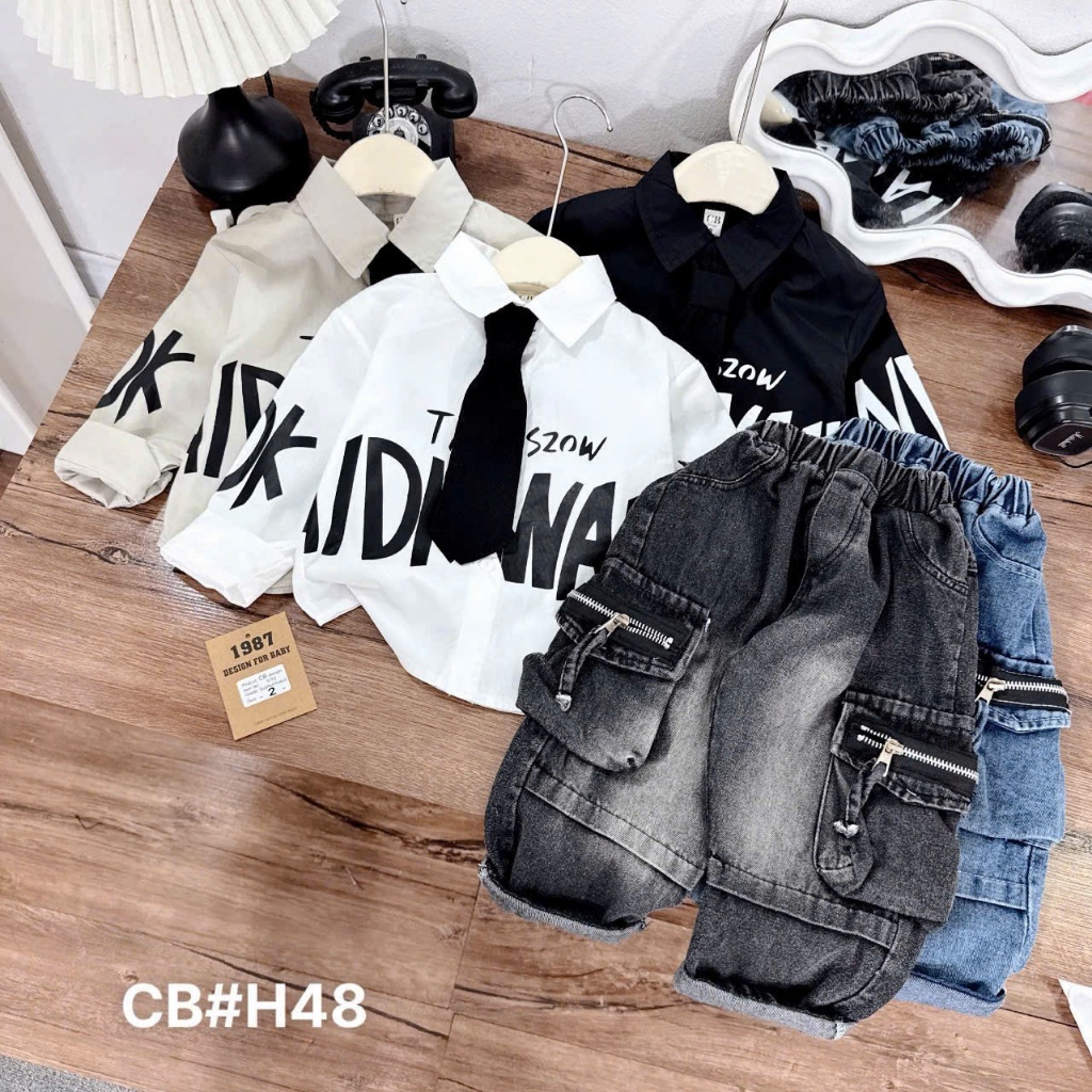 D6- Sét quần jean áo sơ mi cho bé trai in chữ 6D 2 màu trắng đen cho bé từ 10-28kg
