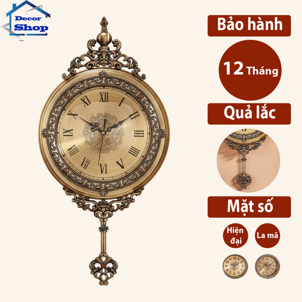 Đồng hồ treo tường quả lắc cổ điển mặt số La Mã hoặc số hiện đại - Đồng hồ trang trí phòng khách đẹp