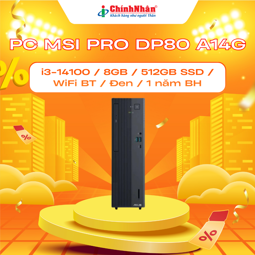 PC MSI PRO DP80 A14G / i3-14100 / 8GB / 512GB SSD / WiFi BT / Không OS / Đen / 1 năm BH