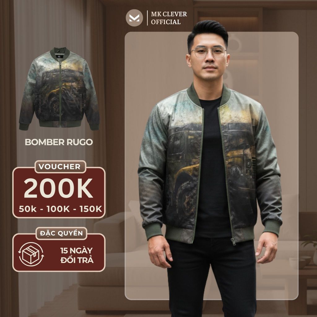 Áo khoác bomber nam Rugo MK CLEVER chất liệu vải gió trần bông dày dặn, giữ ấm tốt, trẻ trung