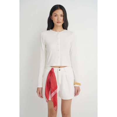 LIBÉ WORKSHOP - Áo cardigan thun gân cổ tròn dáng lửng màu trắng 7419