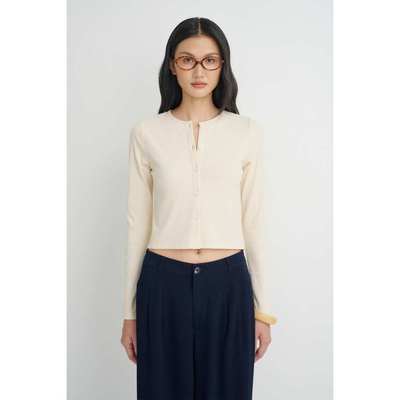 LIBÉ WORKSHOP - Áo cardigan thun gân cổ tròn dáng lửng màu vàng nhạt 7417