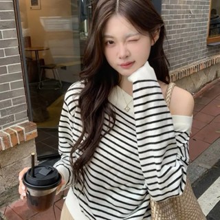  Áo Len Trễ Vai Dài Tay Seoluna Áo Len Nữ Hàn Quốc Sang Chảnh Dài Tay Lệch Vai Kẻ Ngang Chất Len Gân Mềm Co Giãn Ôm Vừa 