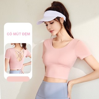  Áo tập gym dáng croptop có mút đệm Áo tập yoga aerobic cho nữ dây chéo lưng thời trang 