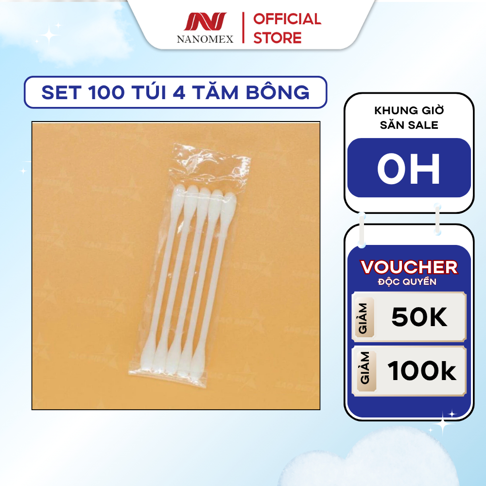 Set 100 túi 4 tăm bông thân nhựa chuyên cung cấp khách sạn nhà nghỉ cao cấp Nanomex