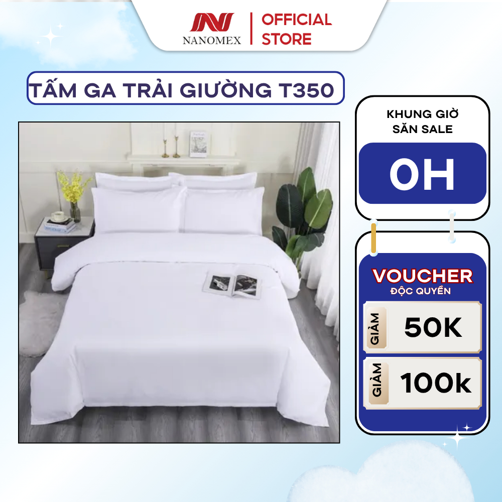 Tấm trải ga trải giường vải T350 100% cotton khách sạn 4 - 4.5 sao Nanomex trắng trơn kẻ sọc đủ kích