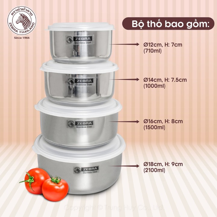 Bộ Thố 4 Món Inox Zebra Có Nắp Nhựa (12cm - 14cm - 16cm - 18cm) - 184106