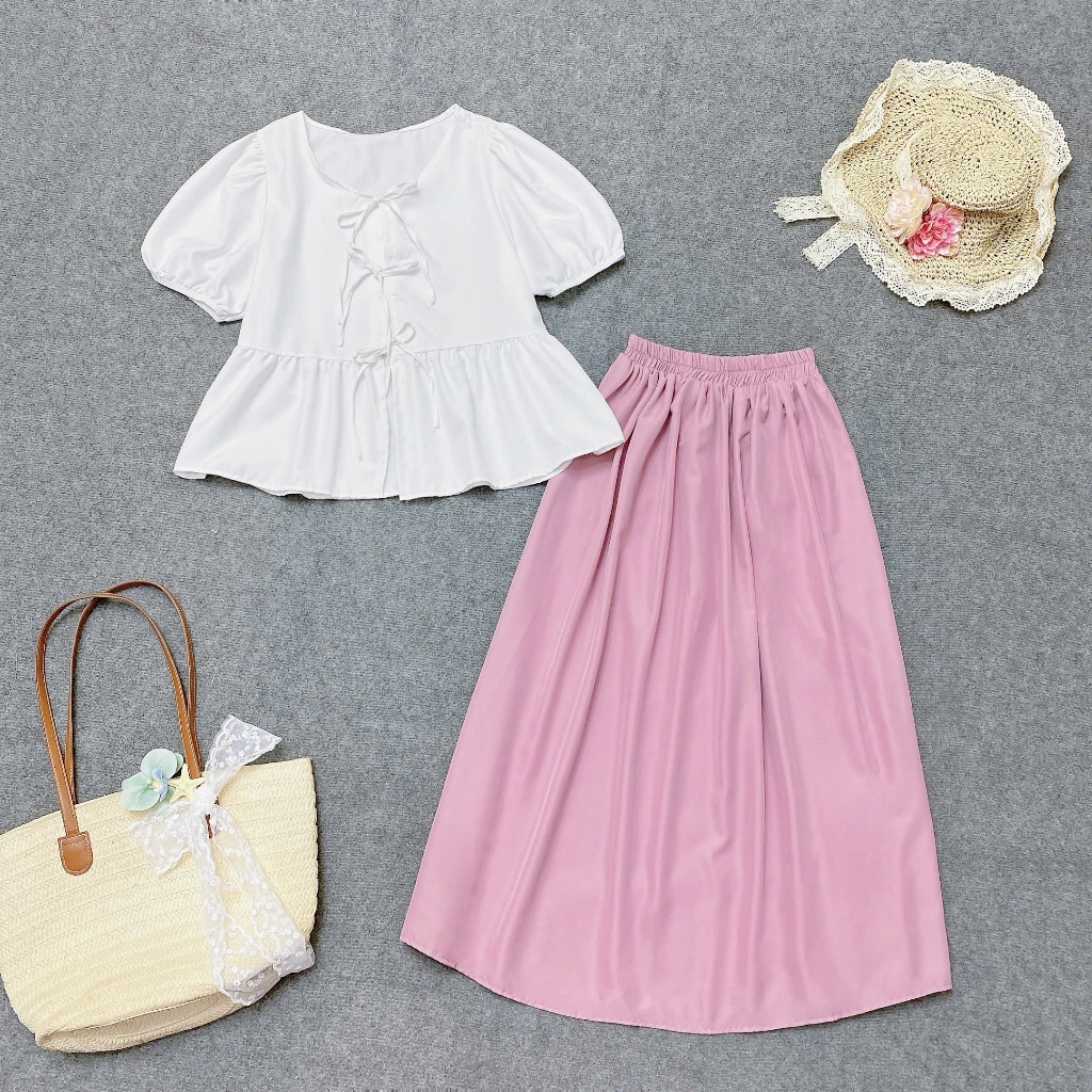 Set Đồ Đi Chơi Bigsize Nữ Áo Kiểu Tay Phồng Cột Dây Kèm Chân Váy Lụa Dài Mềm Mịn - A191-CV15