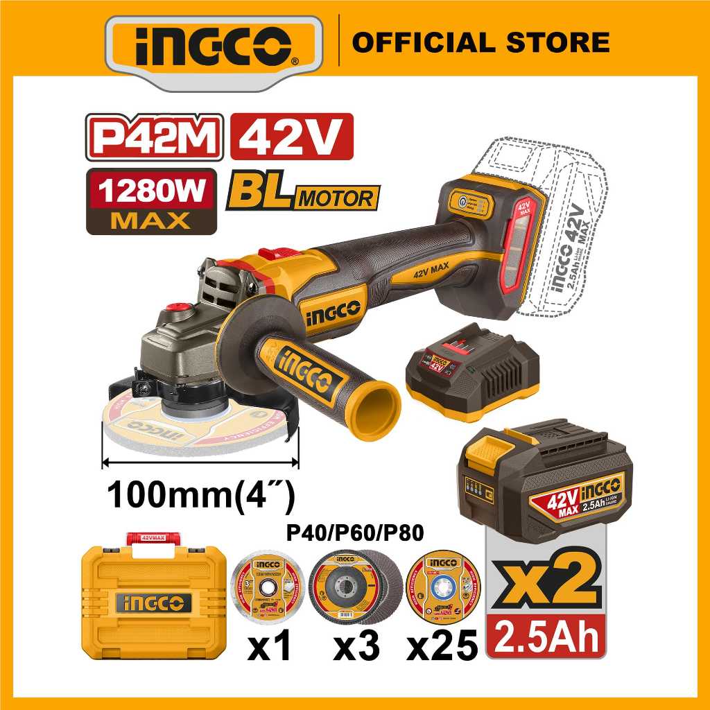 Máy mài cầm tay pin 42V max INGCO CAGLI4128102 1280W motor không chổi than 3 cấp tốc độ máy khỏe xịn
